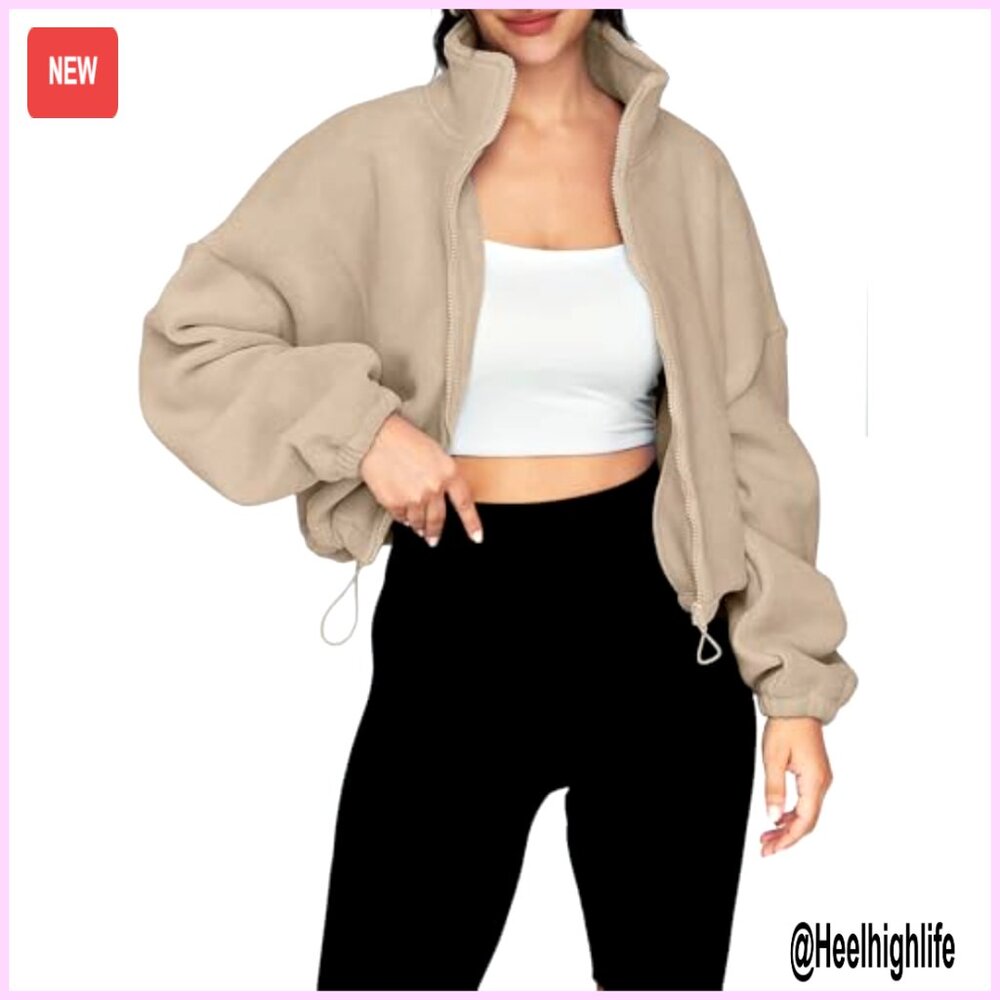 Oversized Fleece Jacket, Full Zip Crop Sweatshirt, Winter Warmth - Picture 3 of 5